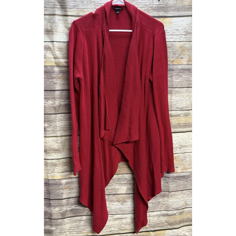 Torrid Women's Plus 1 Red Draped Open Front Cardigan Tunic Long Sweater